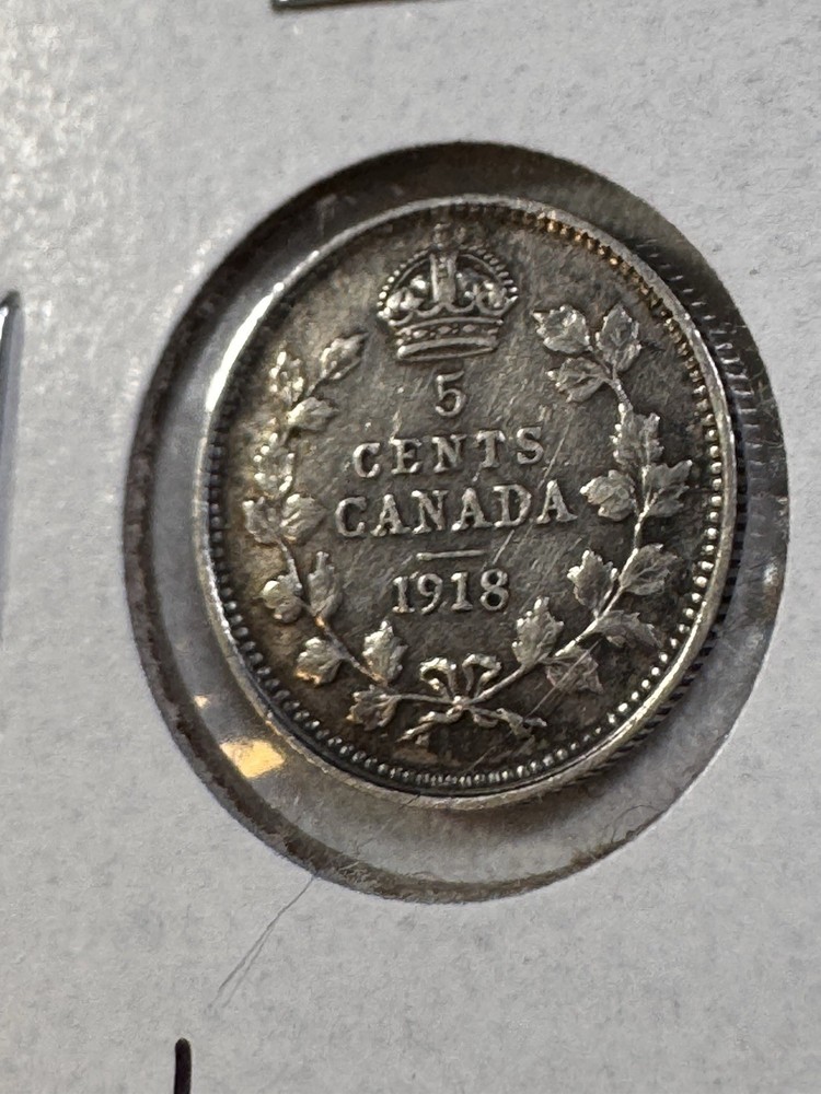 1918 Canada 5 Cents Silver Coin Cleaned