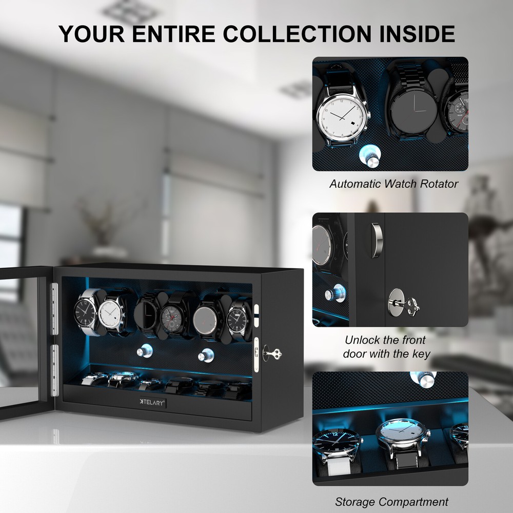 Automatic Rotation 6 Watch Winder Box With 6 Extra Storage Box Blue LED Light