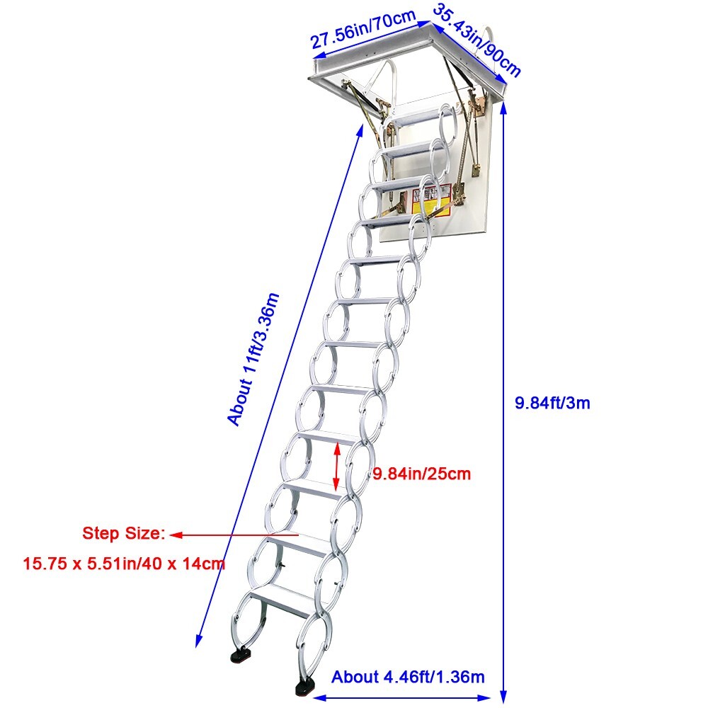 12 Steps Carbon Steel White Attic Pull Down Ceiling Ladder Folding Loft Stairs