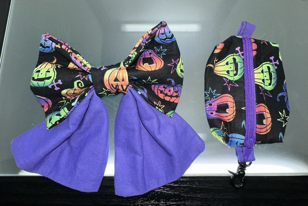 Handmade Over the collar Pet Bow & Bag Holder Bundle #2 (Halloween Pattern) New