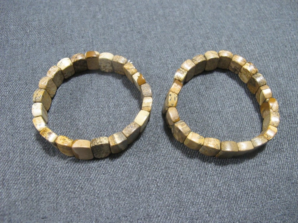 Vintage boho marbled brownish real stones beads elastic 2 bracelets