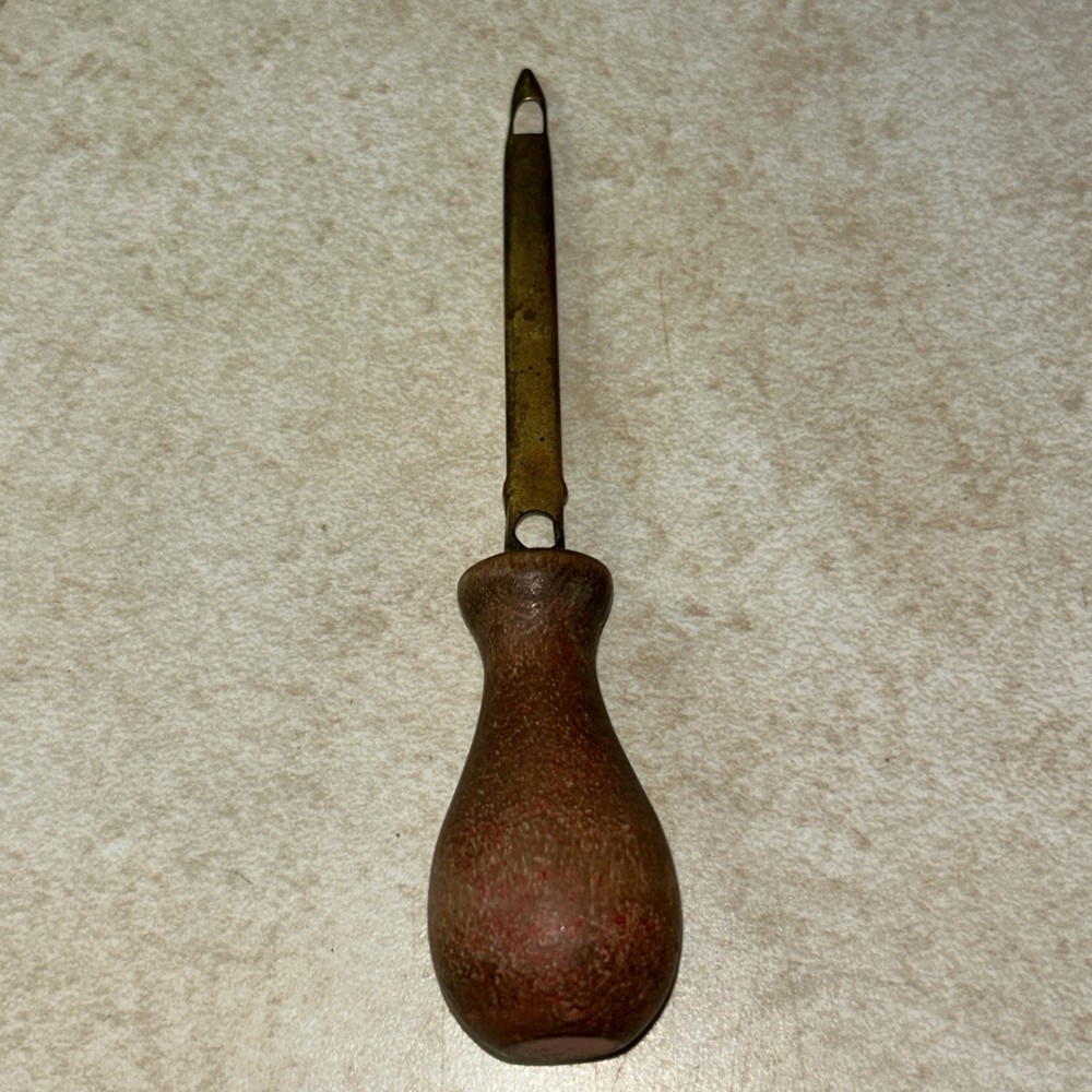 Vintage Wood Handle Leather Needle Threader/ Tack Puller Brass/ Wood 5”
