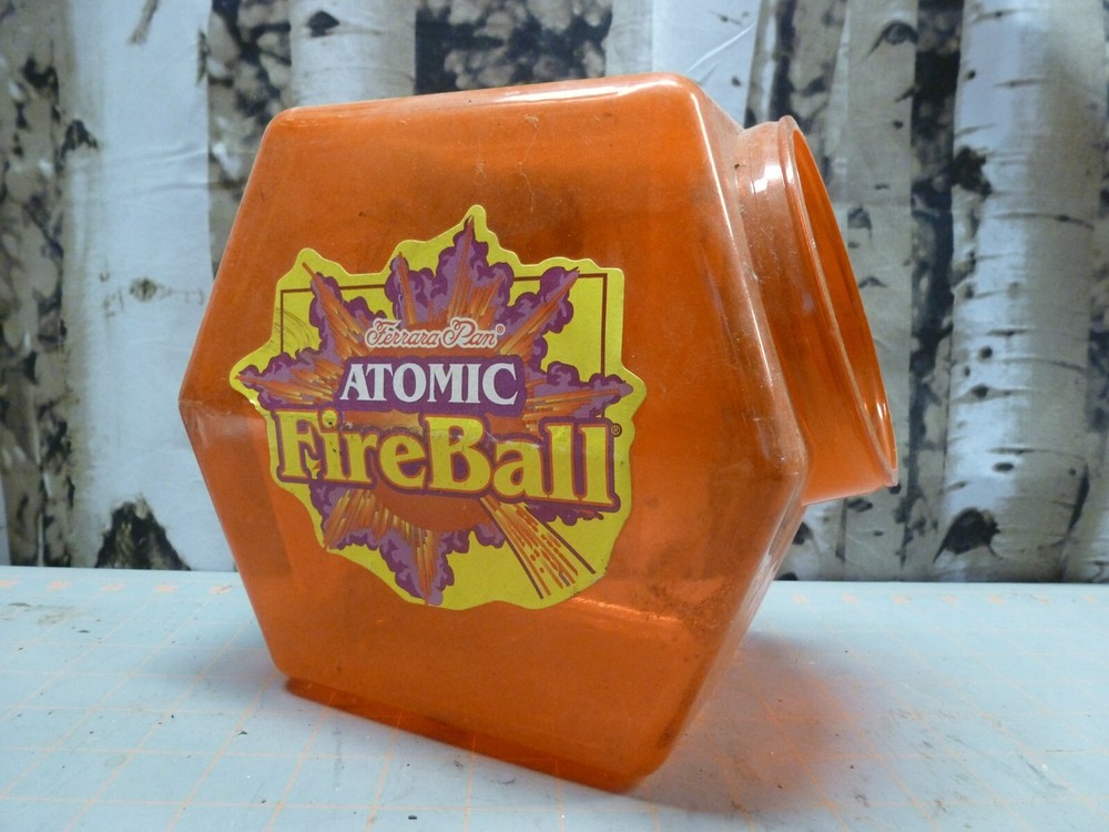 (A) *Cracked* VTG Ferrara Pan Atomic Fire Ball Candy Jar, Red Plastic Container