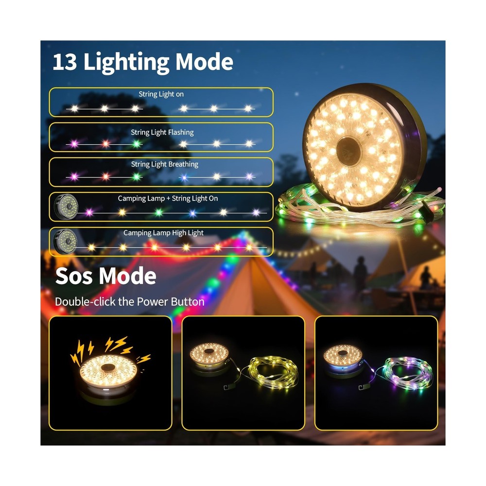 Camping String Lights, 4000mAh Rechargeable Tent Lights String with... Fast Ship