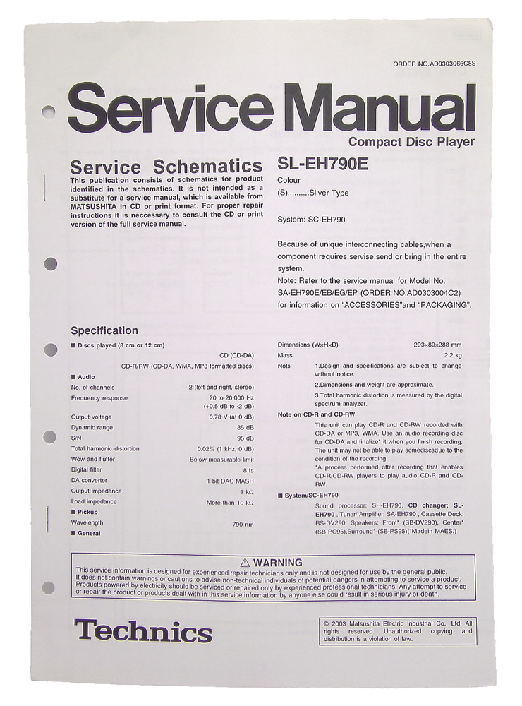 Technics Original Service Manual Schematics SL-EH790E Compact Disc Player