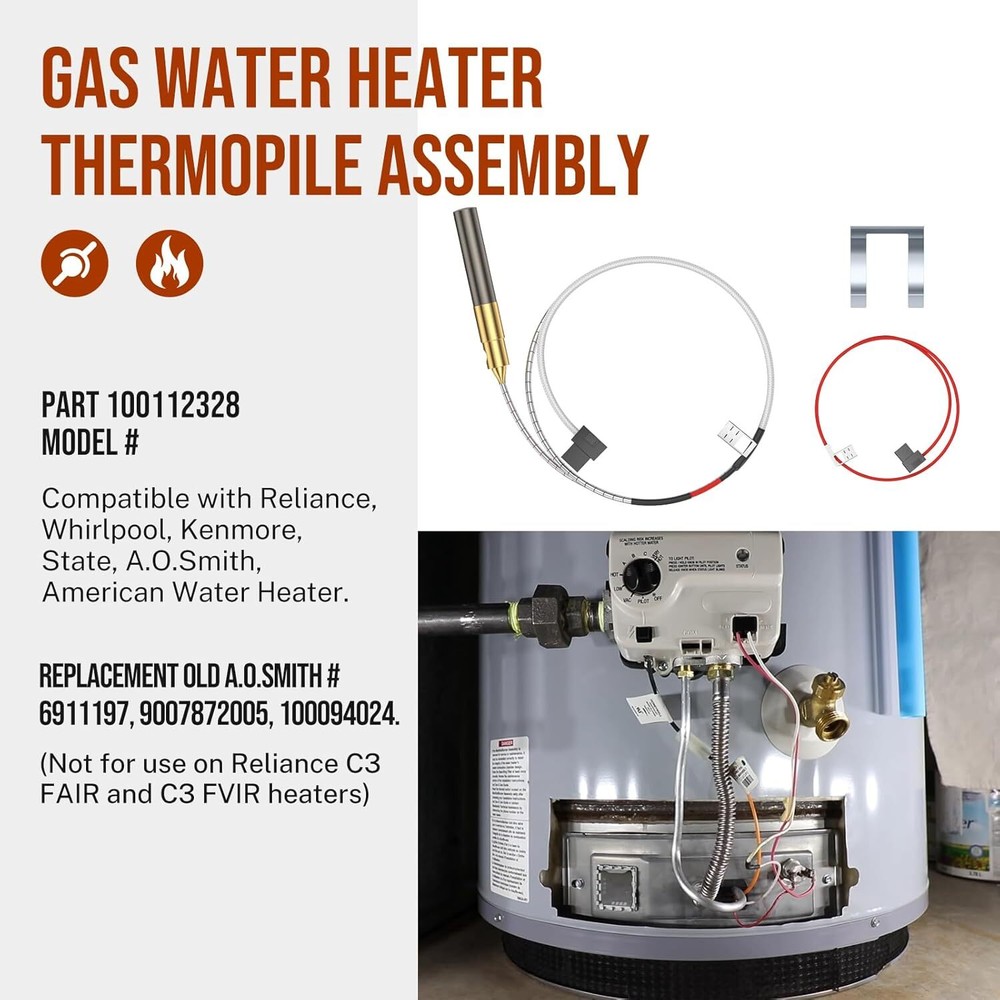 100112328 Gas Thermopile, 21"INCH, 750mV, For Water Heaters, Natural/Propane Gas