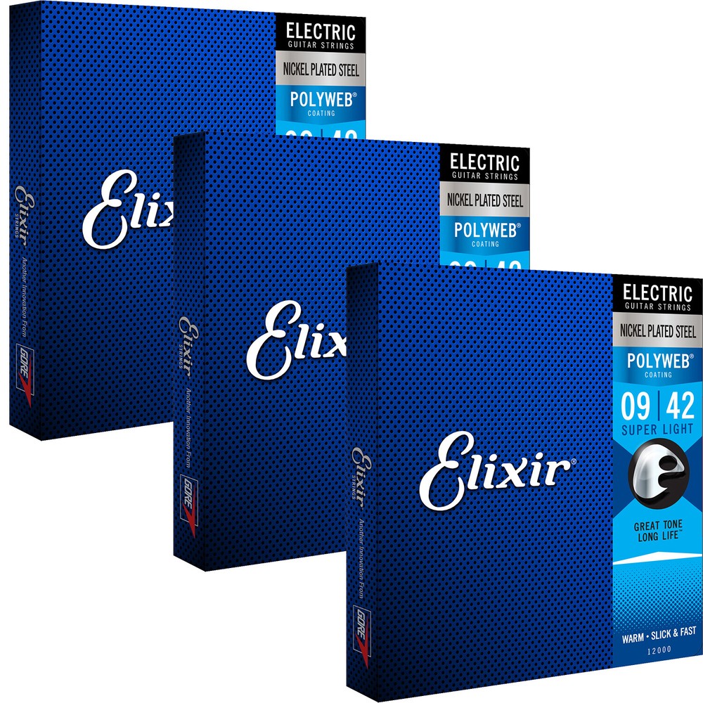 3 Sets Elixir 12000 Electric Nickel POLYWEB Guitar Strings 9-42