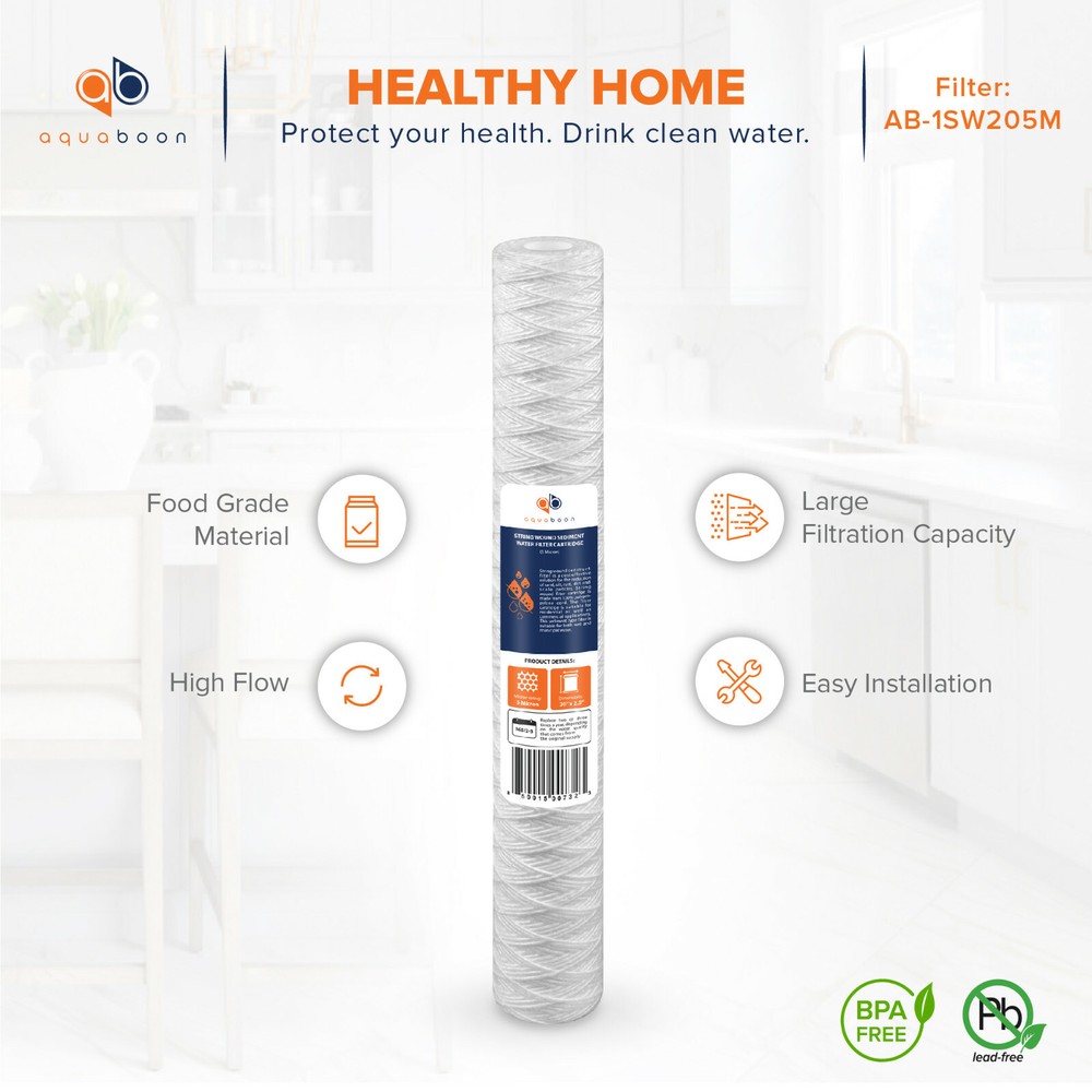 6 Pack of 5µm Wound String Sediment Water Filter Cartridges 20"x2.5" By Aquaboon