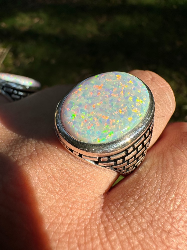 Real 925 Sterling Silver Lab Created White Fire Opal Gem Stone Ring Large Mens