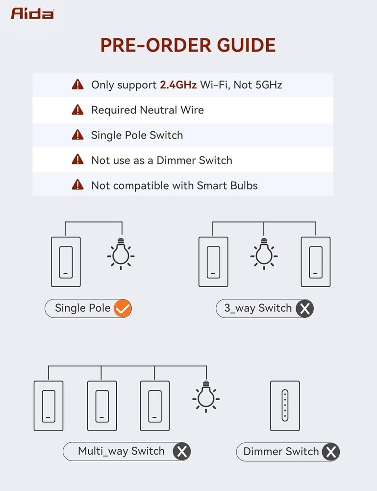 AIDA Smart Light Switch, Single Pole WiFi Smart Switch, Works with Alexa