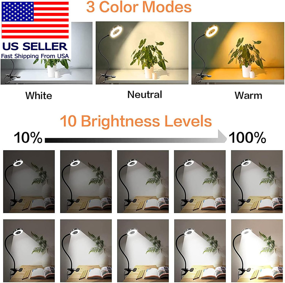 Clip on Light LED Reading Book Study Lamp 3 Color Modes 10 Brightness Eye Protec