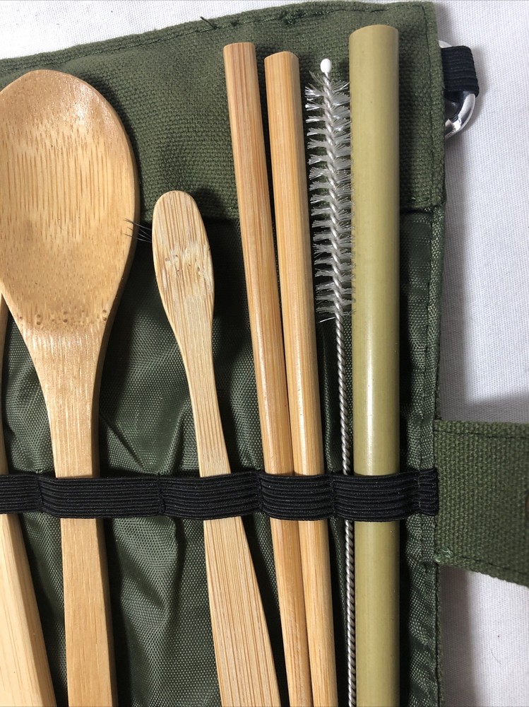 Solid Bamboo Individual Silverware Straw Chopsticks Set Roll up Case & 2 Brushes