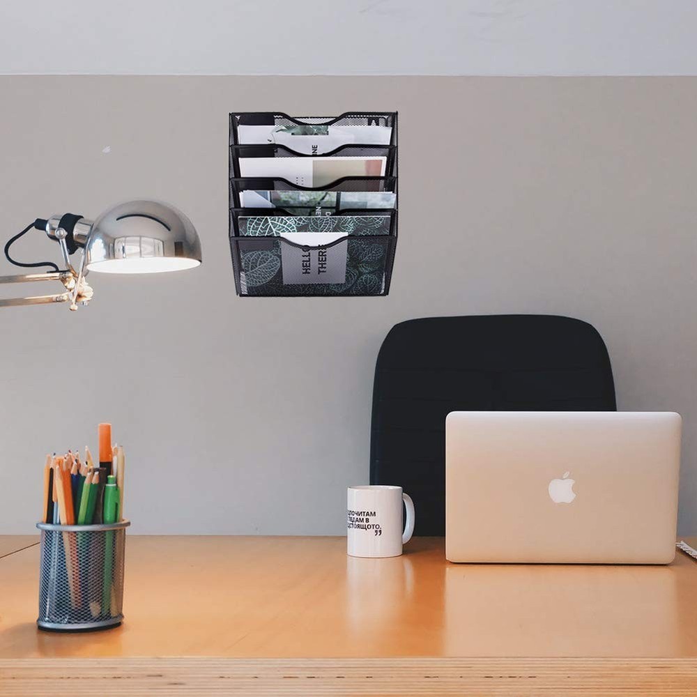 5 Pocket Mesh Hanging Wall File Organizer Wall Mounted Paper Document Folder ...