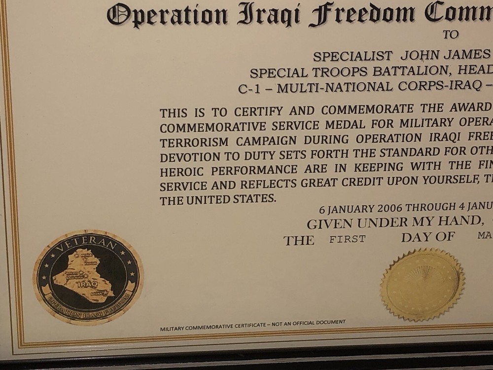 OPERATION IRAQI FREEDOM COMMEMORATIVE SERVICE MEDAL CERTIFICATE ~ Type 1