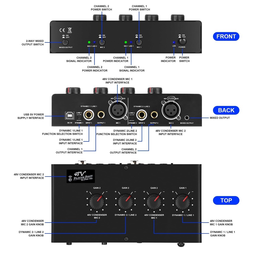 Microphone Preamp Mic Booster 4 Input Max 25db DI Box with 48V Phantom Power ...