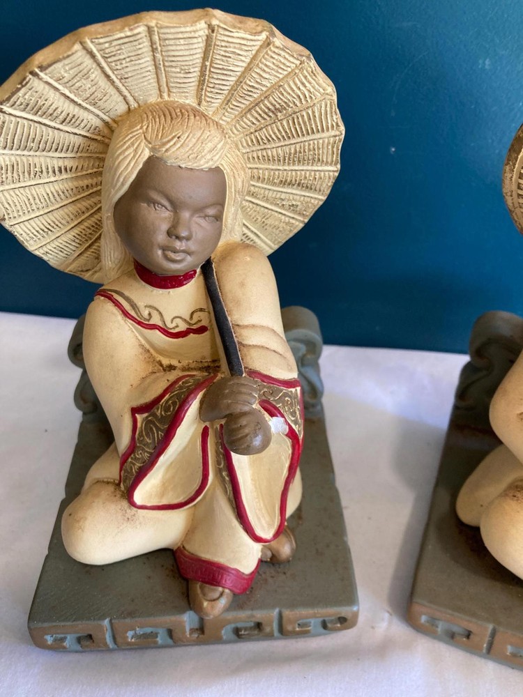 Vintage Devonware Chalkware Asian Boy and Girl bookends
