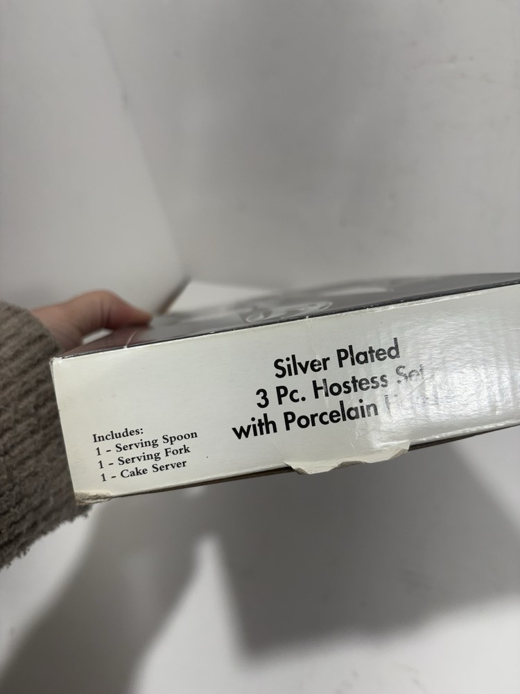 GODINGER SILVER PLATED 3 PC HOSTESS SET PORCELAIN HANDLE Spoon Fork Cake Server