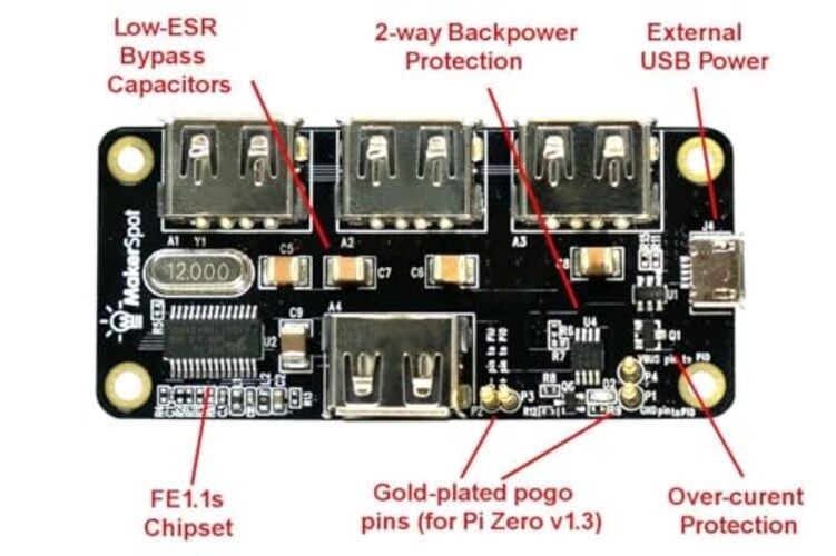 4-Port Stackable USB Hub HAT for Raspberry Pi Zero W V1.3 & Pi Zero W /2W with
