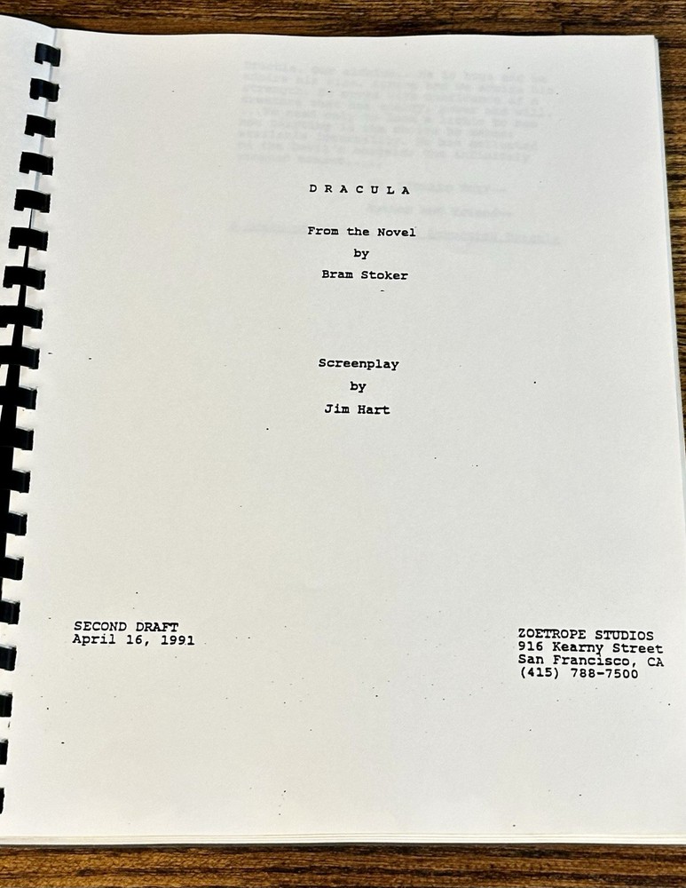 1991 DRACULA 2nd Draft Script Coppola Zoetrope Original Production Copy RARE