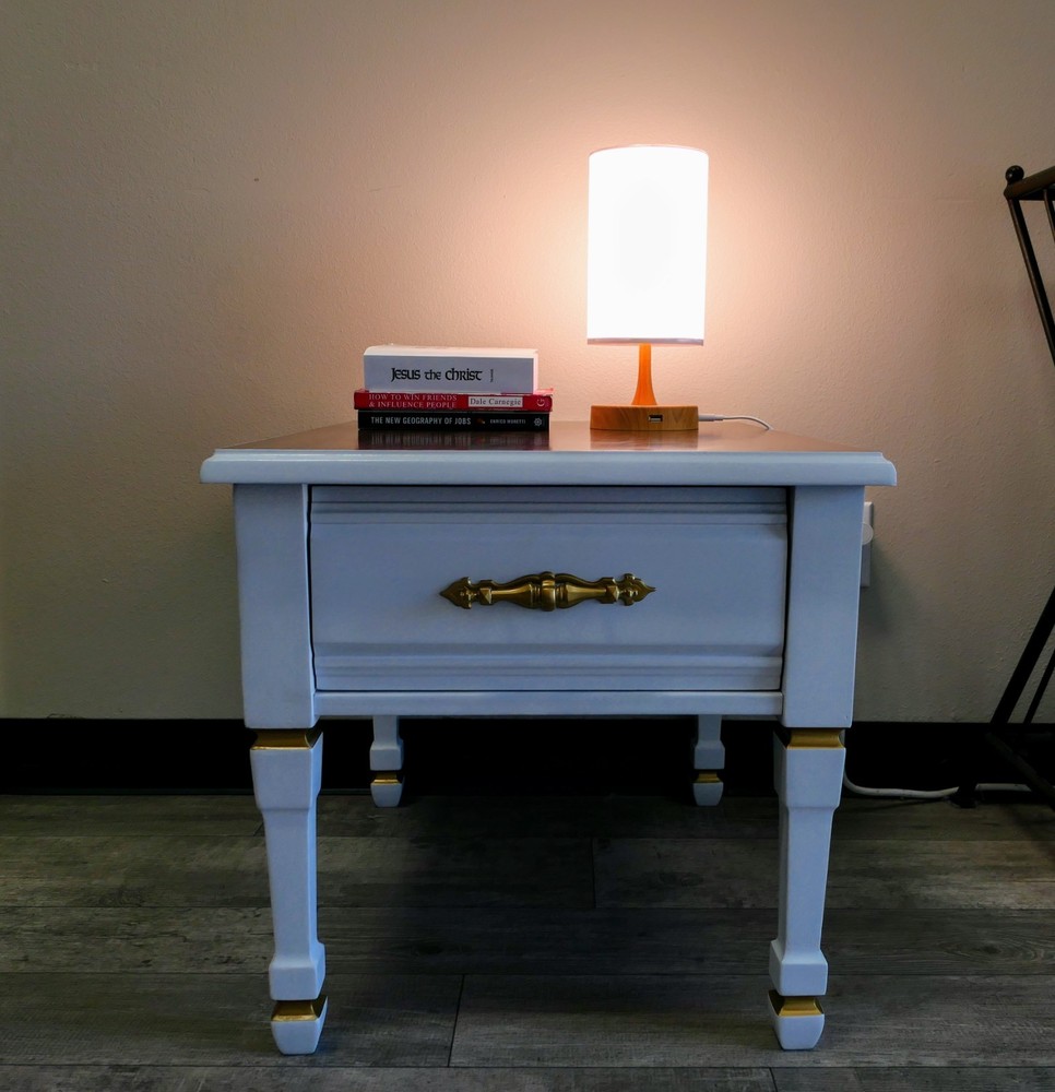 25 White & Gold Solid Wood End Table With Drawer | Bedside | Couch