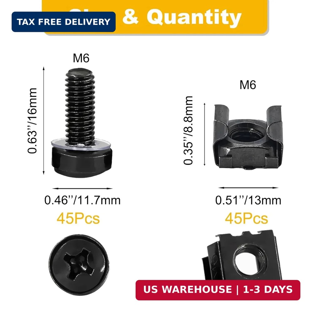 45 Pack M6 x 16mm Rack Mount Screws Cage Nuts and Washers for Server Rack Black