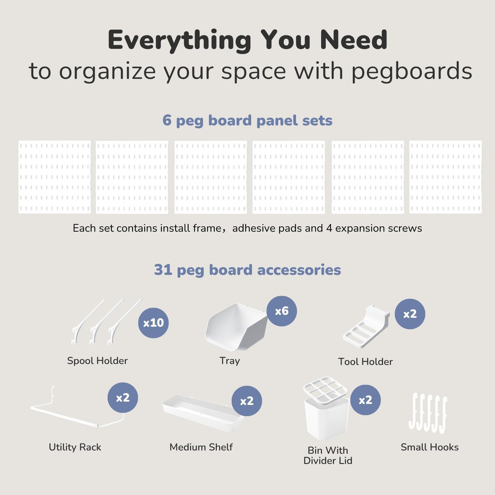 Modular Pegboard Kit with Accessories - Wall Organizer for Crafts & Tools, White