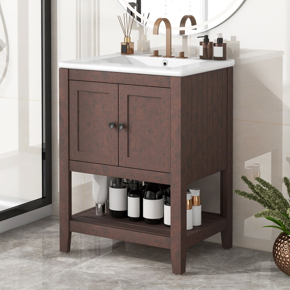 Bathroom vanity W solid wood frame Features open shelving Includes ceramic sink