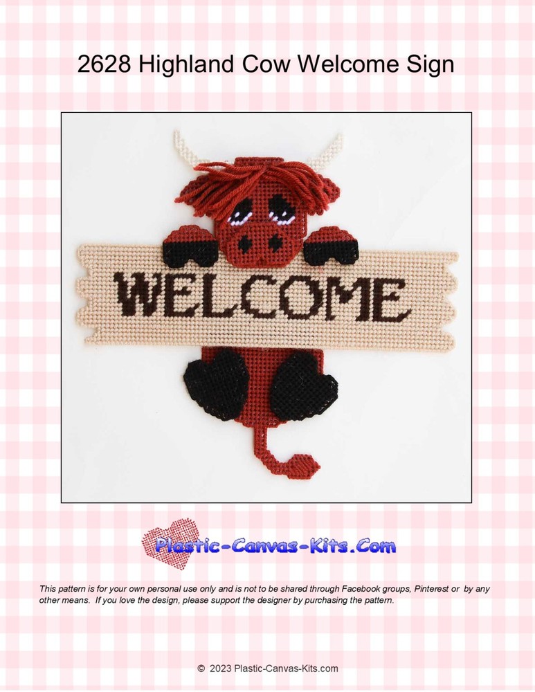 Highland Cow Welcome Sign- Plastic Canvas Pattern or Kit