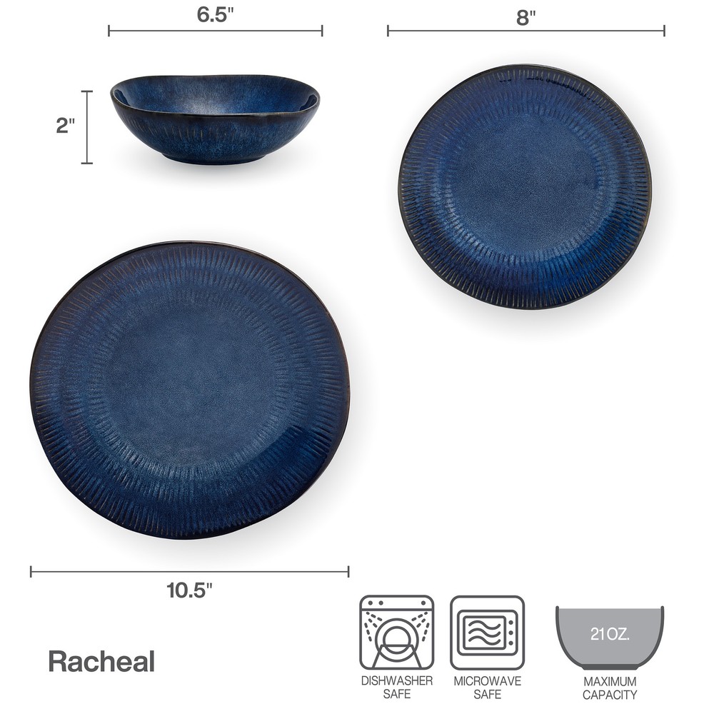 Racheal Blue Dinnerware Set 12 Piece Stoneware Ceramic Kitchen Dishes