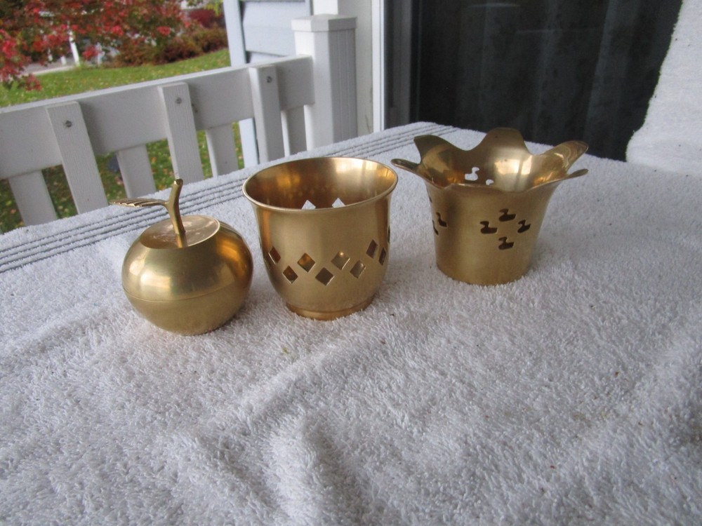 SET OF 3 ~SOLID BRASS ~ [ APPLE DESIGN STASH BOX ]~+PIERCED CANDLE HOLDERS!!!