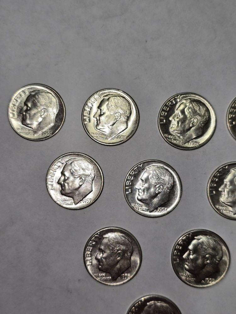 10 × 1955-D Roosevelt Silver Dime Gem BU