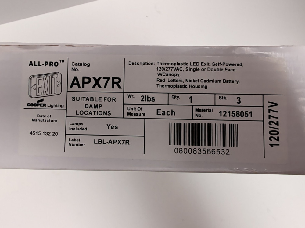 Cooper Lighting All-Pro APX7R Thermoplastic EXIT SIGN NEW