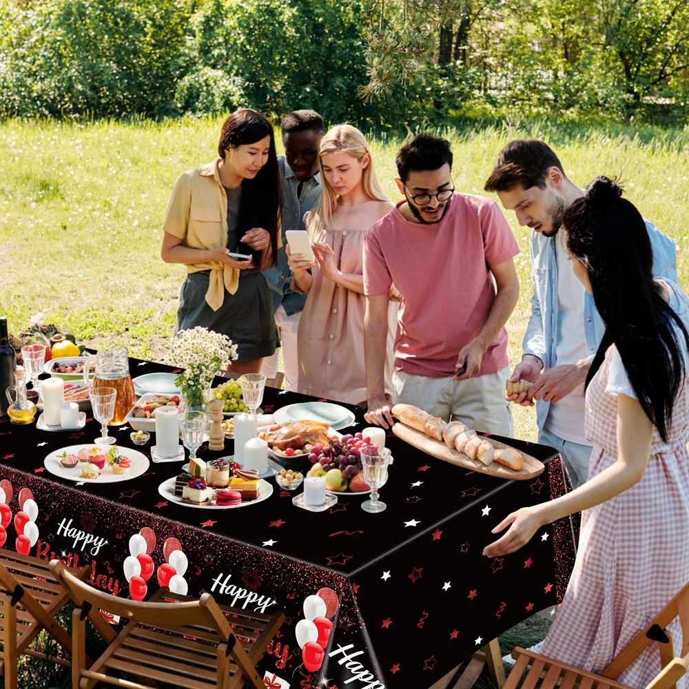 Plastic 4 Pack Black-Red Tablecloth, 51x87'' Rectangular Waterproof Disposabl...