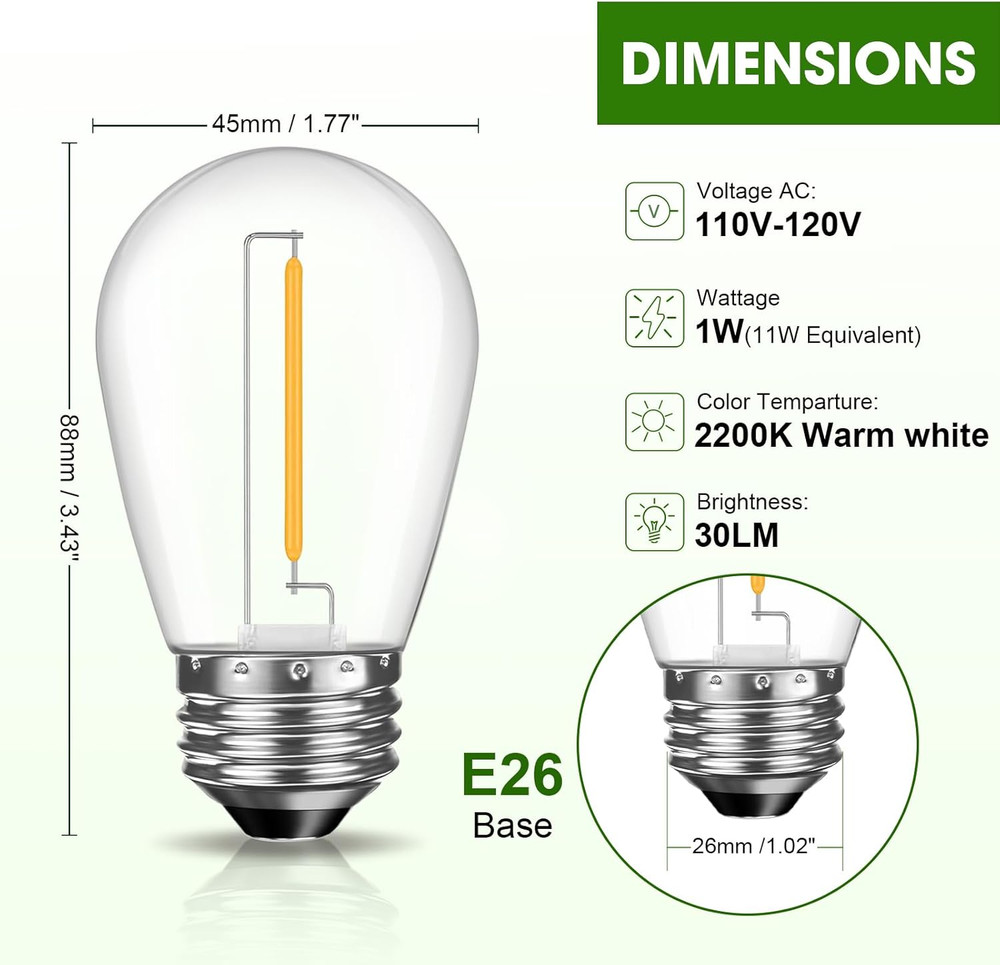 LED S14 Replacement Light Bulbs for Outdoor String Lights, 1W Shatterproof Ediso