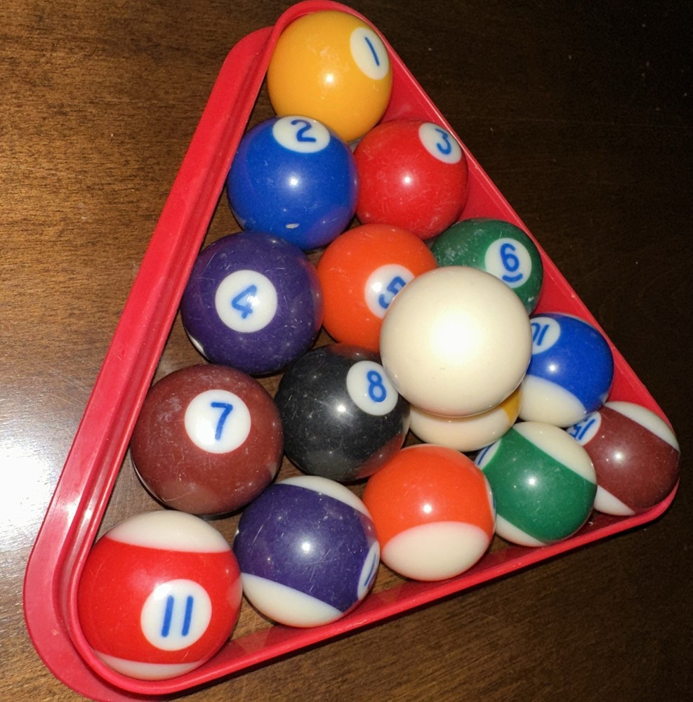 Miniature Billiard Pool Ball Set 1.5" with Red Triangle Rack – Complete 16 Ball