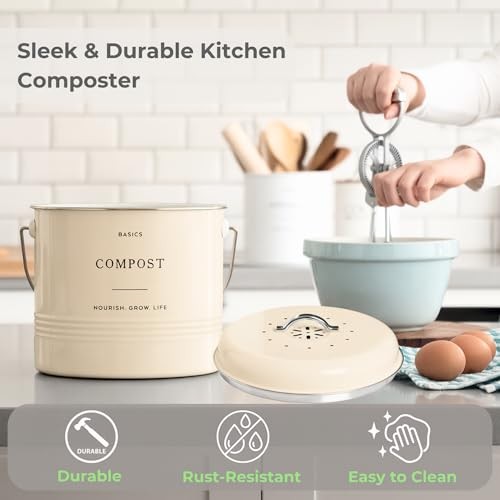 Kitchen Compost Bin – 1.3 Gallon Countertop Farmhouse Compost Container Cream
