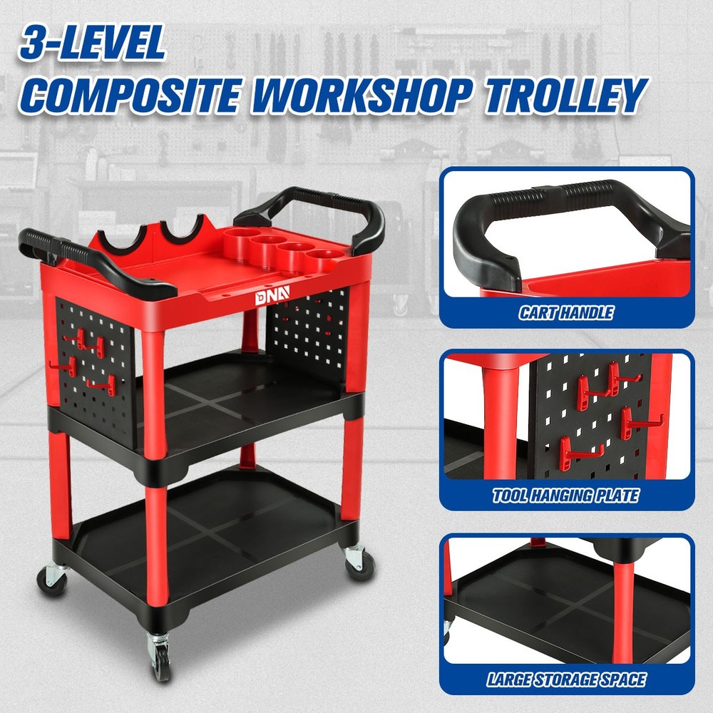 3-Level Heavy Duty Composite Workshop Portable w/ Wheels & Pegboard Workshop