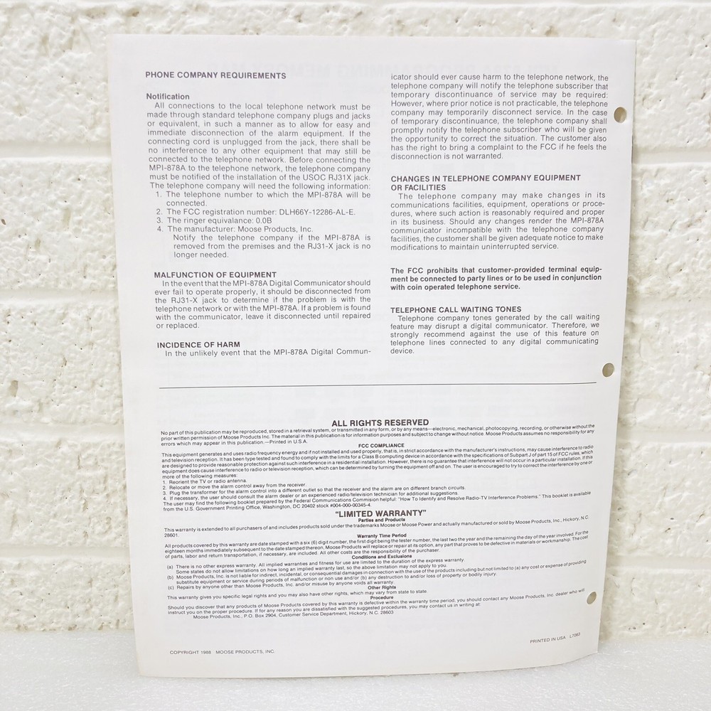 Moose MPI-878A Digital Communicator Specifications & Instructions