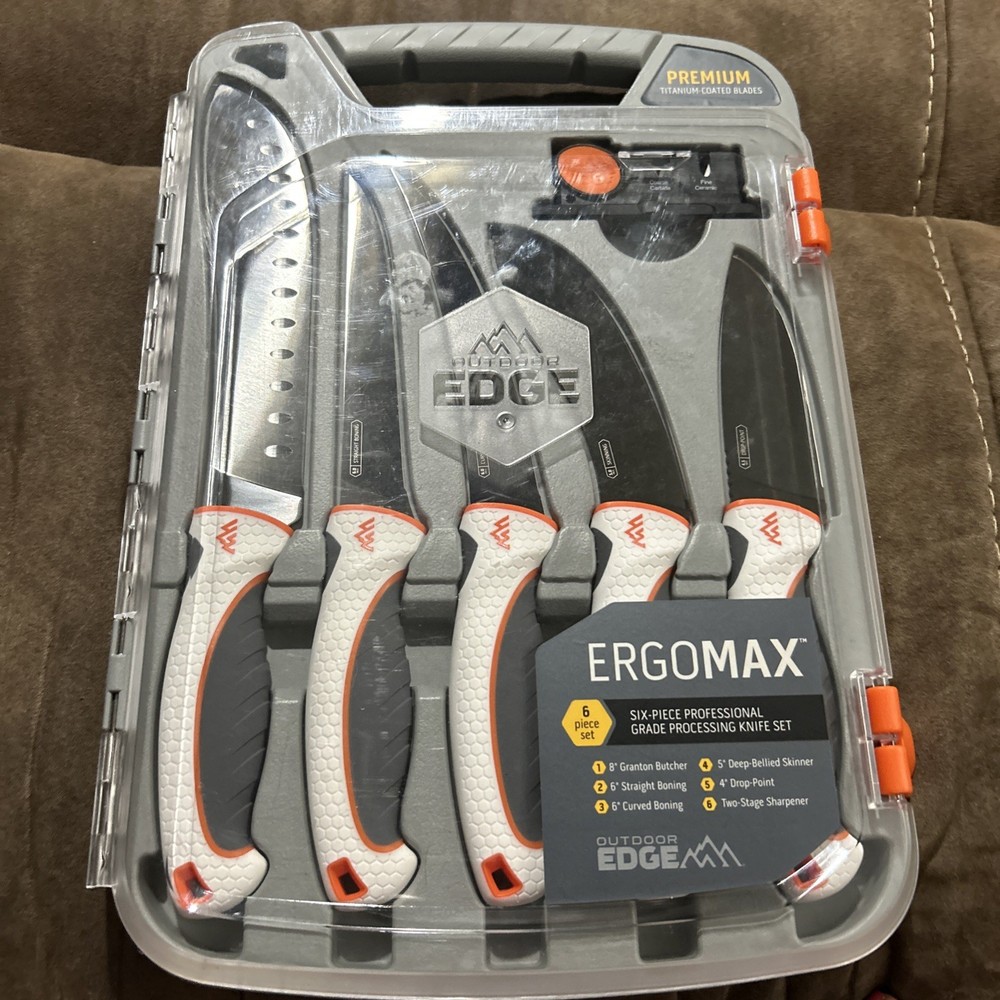Outdoor Edge ErgoMax Fixed Blade Knife Set Plain Edge 5 Knives & Sharpener  EM-1