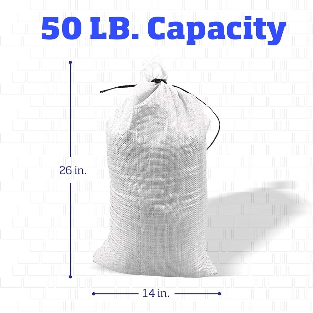 Ultimate 50 lbs Capacity Woven Polypropylene Sand Bags with Tie Strings - White