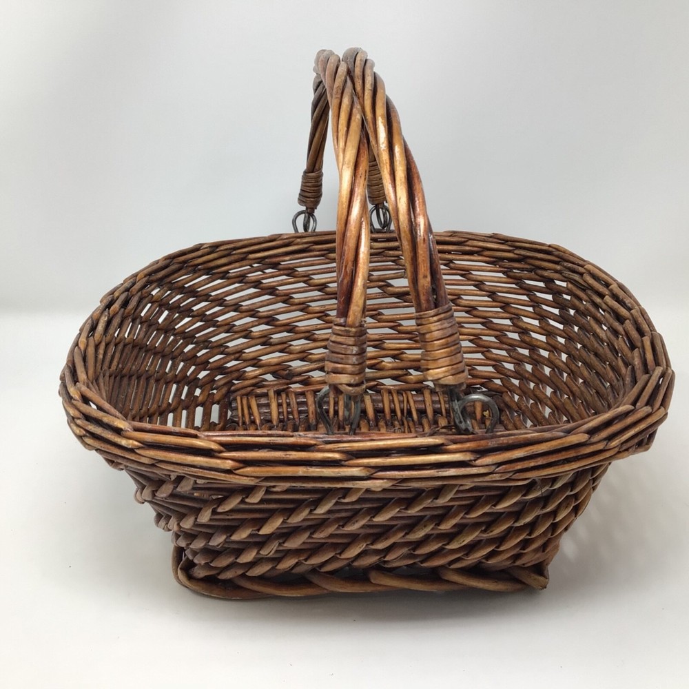 2 Handled Wicker Woven Basket BOHO Brown Square Base 12"