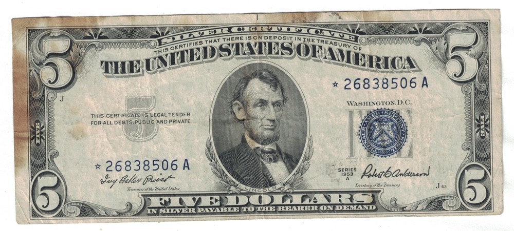 **1953 A $5 FIVE DOLLARS SILVER CERTIFICATE STAR NOTE FR 1656*