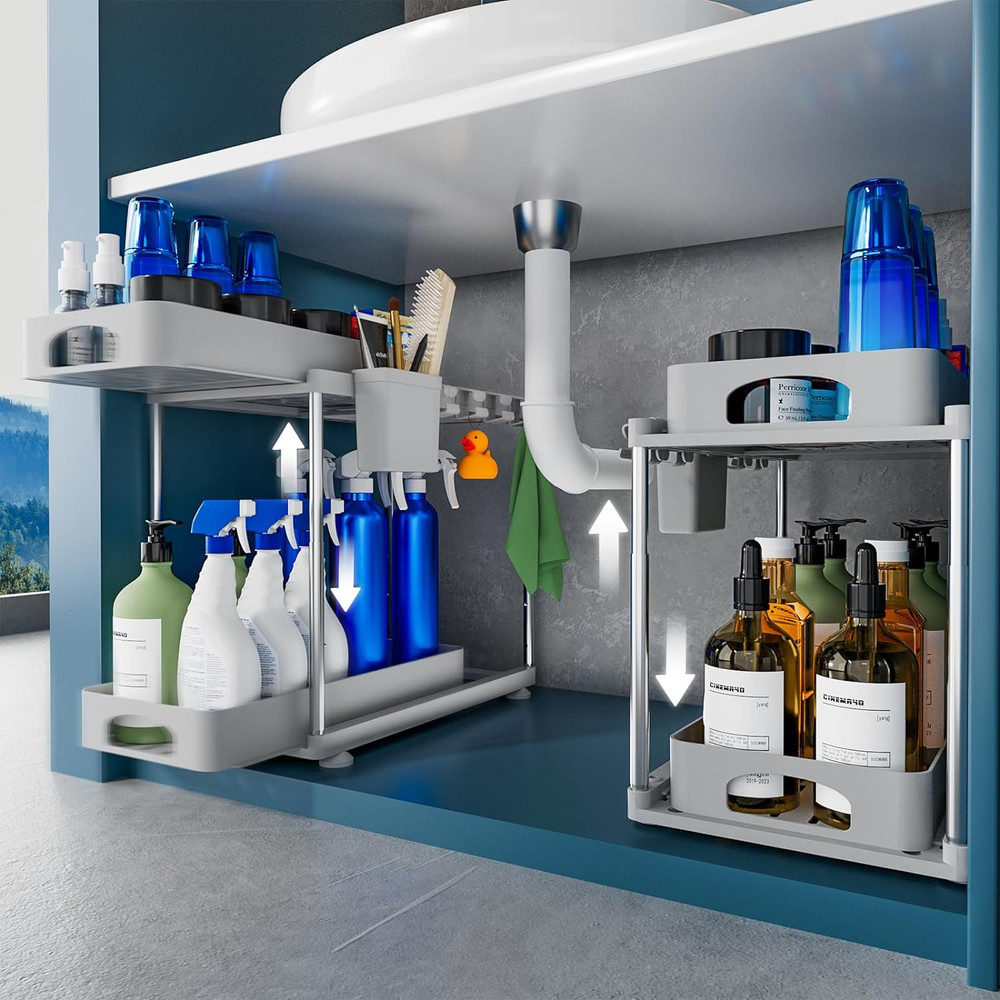 Under Sink Organizers and Storage, 2 Pack under Kitchen Bathroom Sink Organizer,