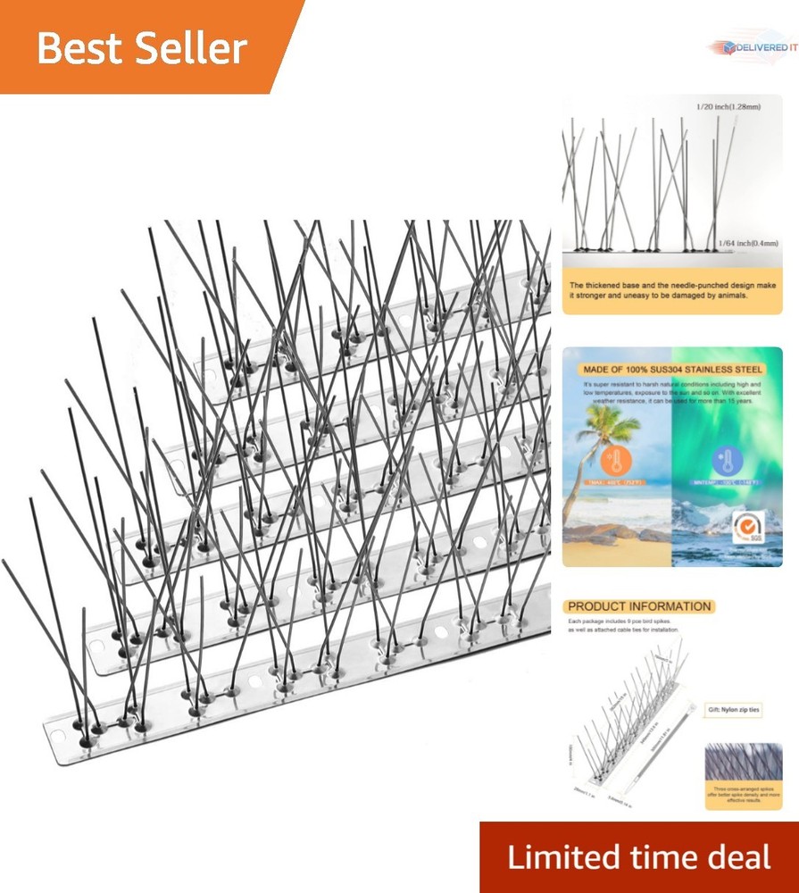 Durable Bird Spikes Kit - Humane Stainless Steel Spike Solution for 10.2 Feet