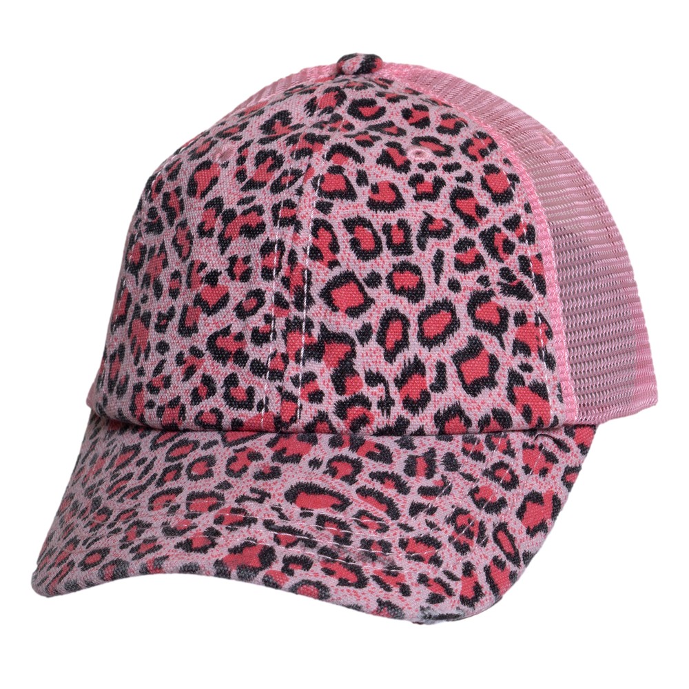 Womens Distressed Leopard Print Cap – Adjustable Trucker Hat with Frayed Bill