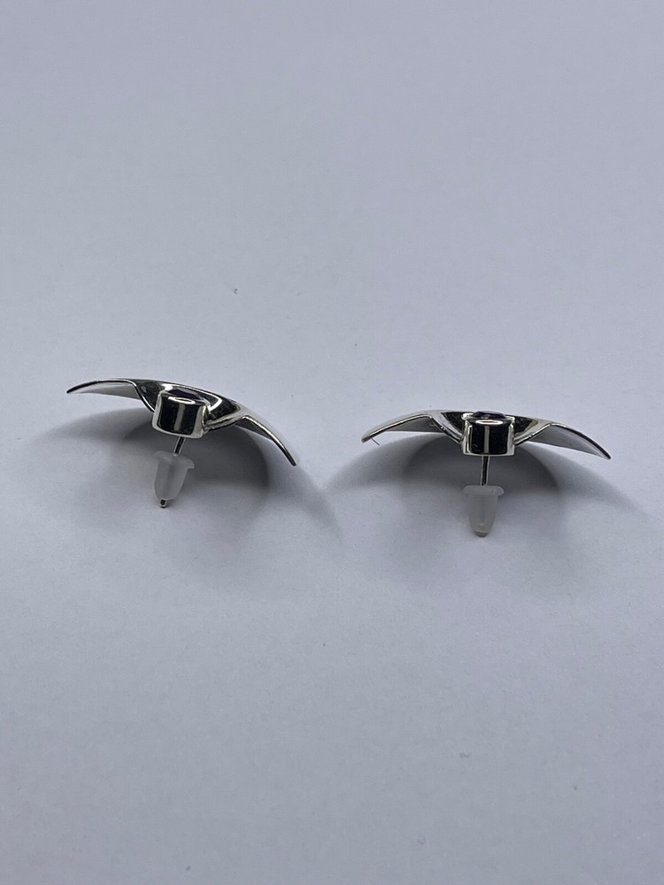 Aztec / Inca Style Sterling Silver Stud Earrings w/ Amethyst Stone