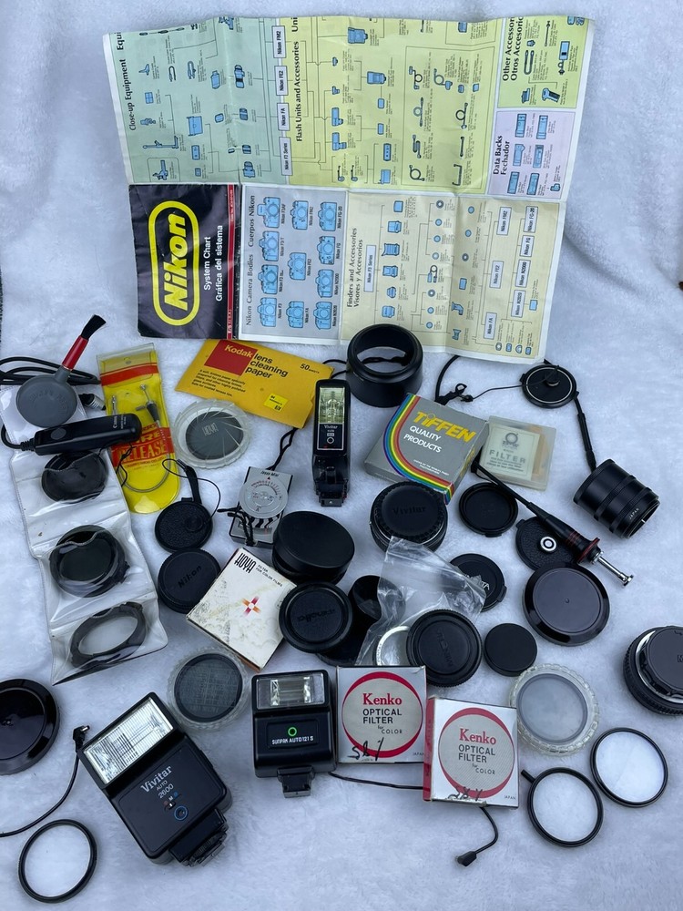 Camera Gear Lot Nikon System Chart Flash Shutter Release Cable Filters Caps SEE