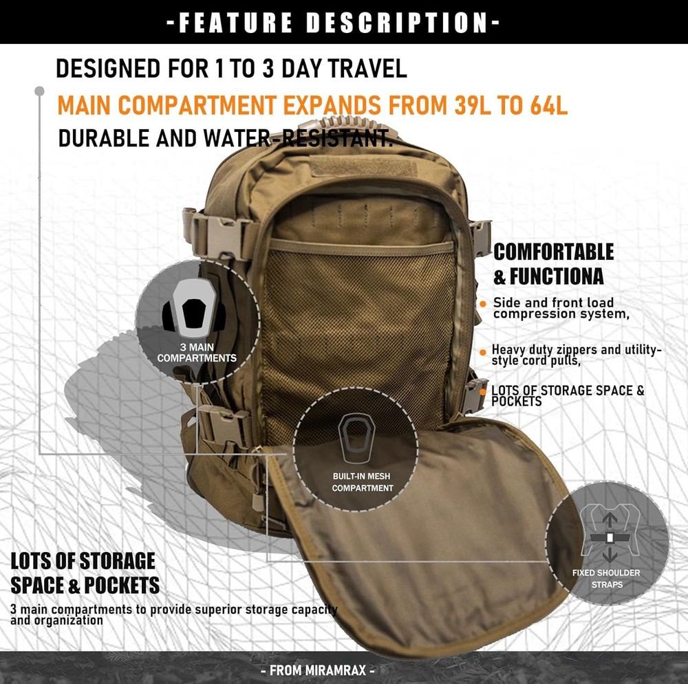 Tactical Backpack Military Army Daypack - Assault Pack for Men Molle Backpacks B