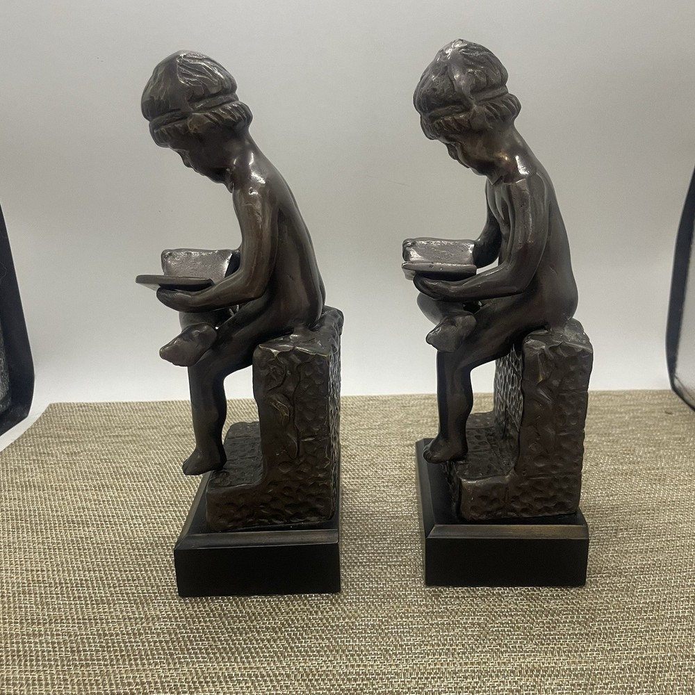Vtg Bronze Boy Cherub Reading Book Bookends