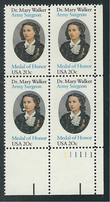 Scott # 2013...20 Cent.... Dr. Mary Walker...Plate Block